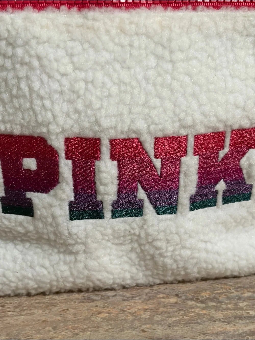 PINK Victoria's Secret Sherpa Zip Pouch in White with Pink-Teal Gradient Logo